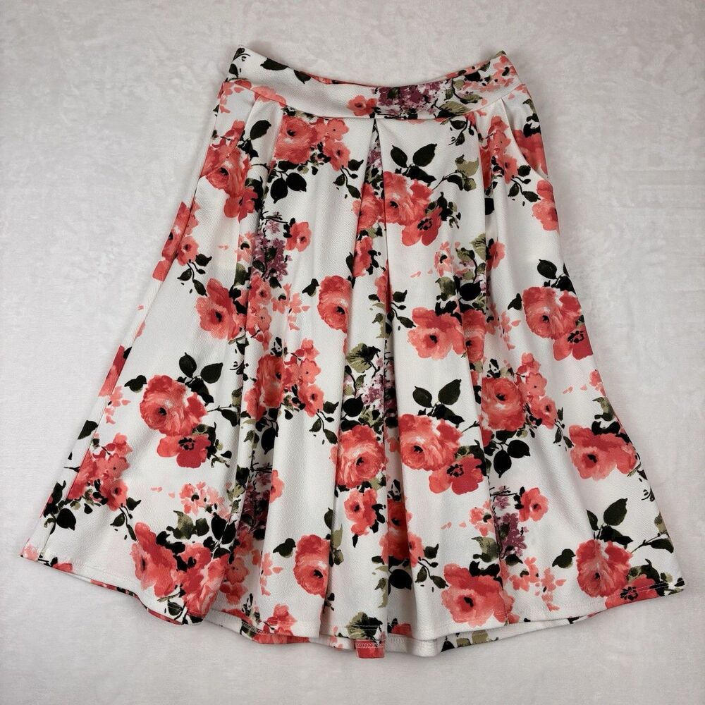 Agnes & Dora Pleated Midi Skirt  Women’s Large White & Pink Floral W/ Pockets